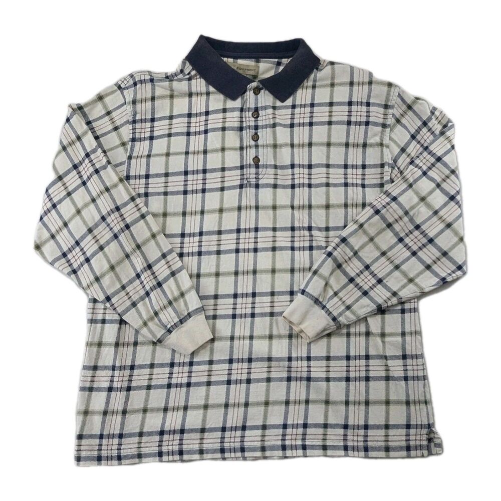 Basic Equipment Long Sleeve Polo Shirt Mens L Large White Plaid Vintage 90s Y2K